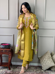 Mustard Yellow Embroidered Kurta Set with Floral Dupatta
