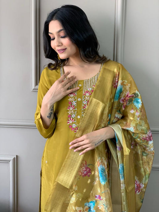 Mustard Yellow Embroidered Kurta Set with Floral Dupatta