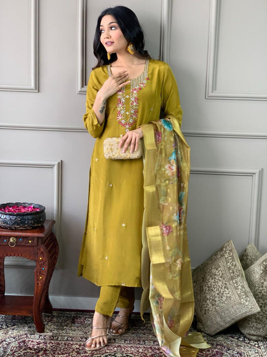 Mustard Yellow Embroidered Kurta Set with Floral Dupatta