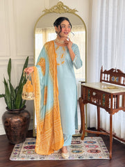 Sky Blue Chanderi Kurta Set with Mustard Bandhani Dupatta
