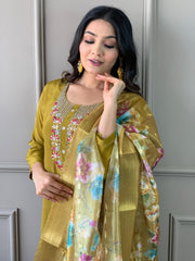 Mustard Yellow Embroidered Kurta Set with Floral Dupatta