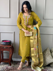 Mustard Yellow Embroidered Kurta Set with Floral Dupatta
