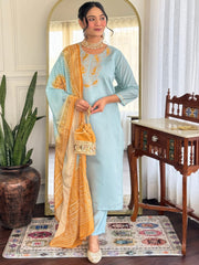 Sky Blue Chanderi Kurta Set with Mustard Bandhani Dupatta