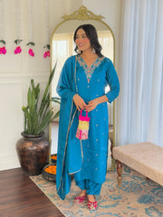 Teal Blue Embroidered Kurta Set