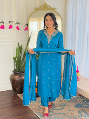 Teal Blue Embroidered Kurta Set
