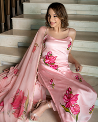 Title – Baby Pink Satin Kurta Set with Floral Dupatta