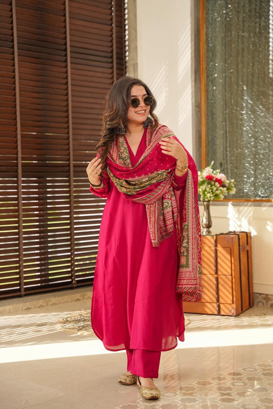 Plum Purple Cotton Kurta Set with Printed Dupatta