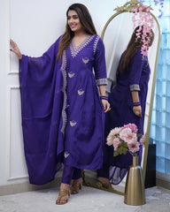 Olive Green Anarkali Kurta Set with White Floral Embroidery
