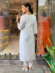Off-White Embroidered Kurta Set with Minimal Dupatta