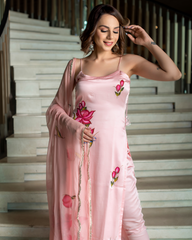 Title – Baby Pink Satin Kurta Set with Floral Dupatta