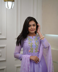 Lavender Anarkali Kurta Set with Embroidered Yoke