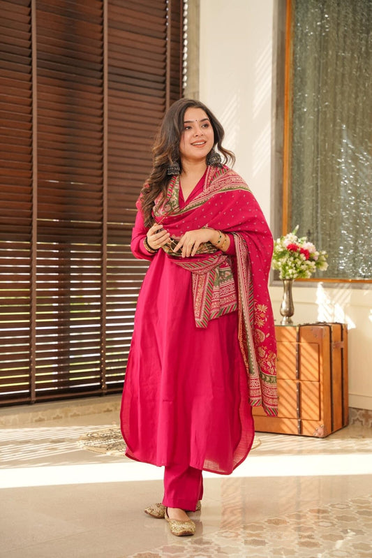 Plum Purple Cotton Kurta Set with Printed Dupatta