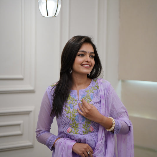 Lavender Anarkali Kurta Set with Embroidered Yoke