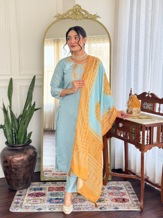 Sky Blue Chanderi Kurta Set with Mustard Bandhani Dupatta