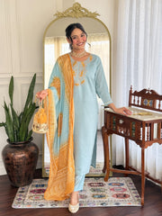 Sky Blue Chanderi Kurta Set with Mustard Bandhani Dupatta