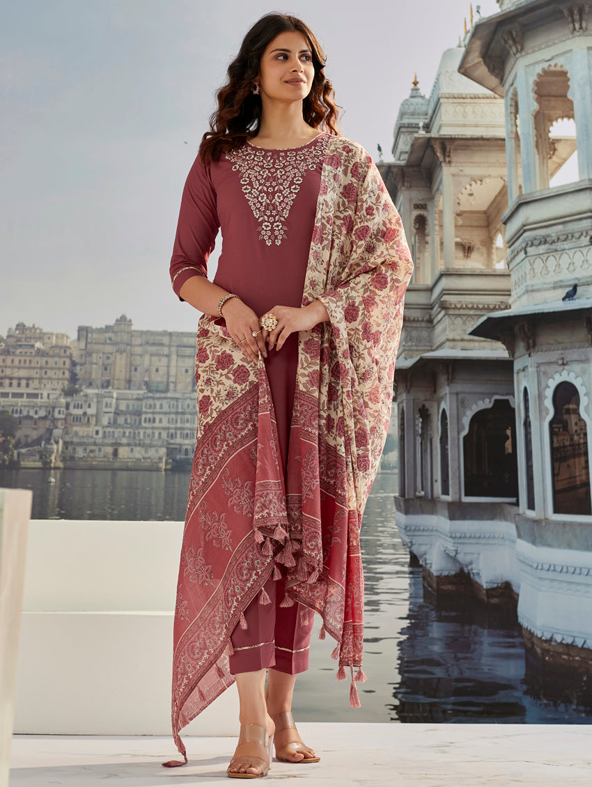 Maroon Cotton Silk Kurta Set with Embroidery