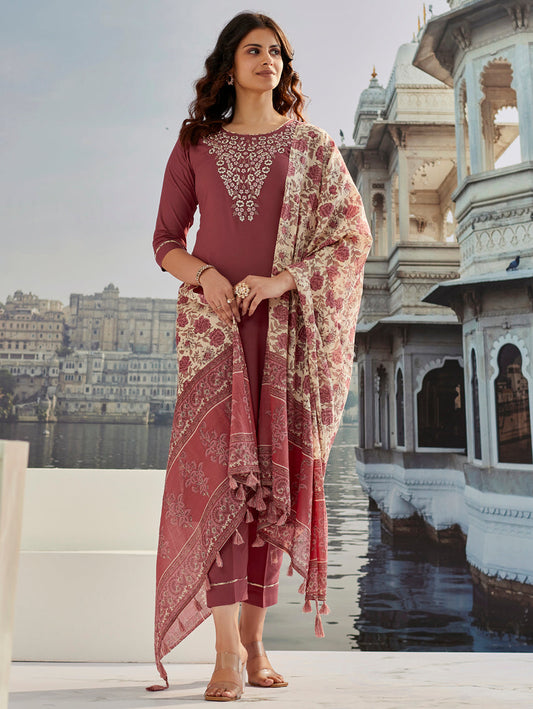 Maroon Cotton Silk Kurta Set with Embroidery