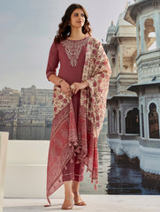 Maroon Cotton Silk Kurta Set with Embroidery