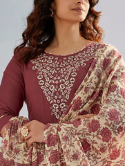 Maroon Cotton Silk Kurta Set with Embroidery