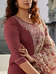 Maroon Cotton Silk Kurta Set with Embroidery