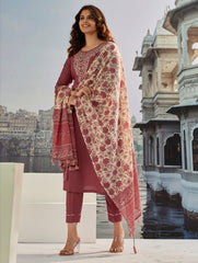 Maroon Cotton Silk Kurta Set with Embroidery