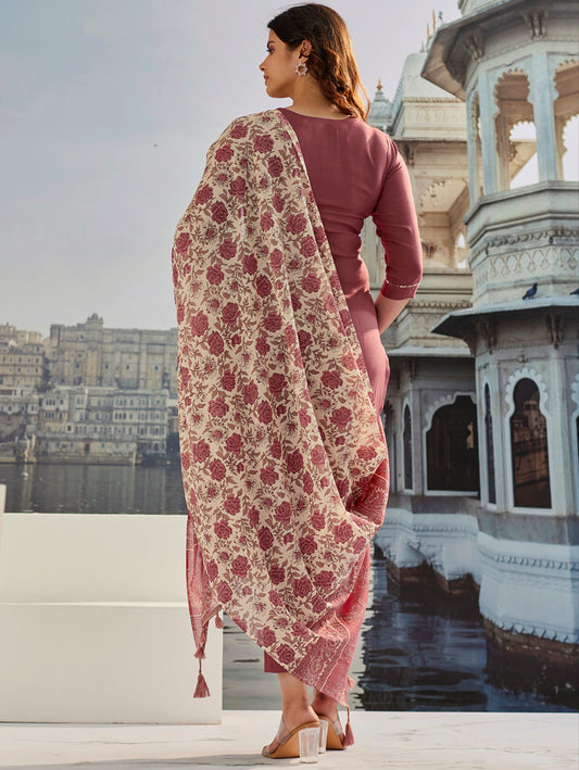 Maroon Cotton Silk Kurta Set with Embroidery