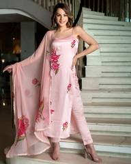 Title – Baby Pink Satin Kurta Set with Floral Dupatta