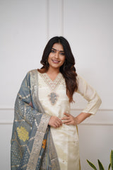 Ivory Silk Kurta Set with Grey Banarasi Dupatta