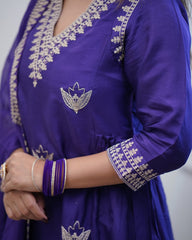 Olive Green Anarkali Kurta Set with White Floral Embroidery