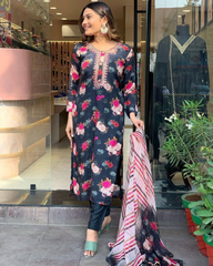 Black Floral Kurta Set with Striped Dupatta