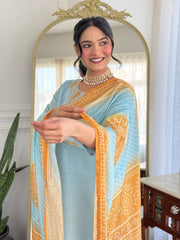 Sky Blue Chanderi Kurta Set with Mustard Bandhani Dupatta