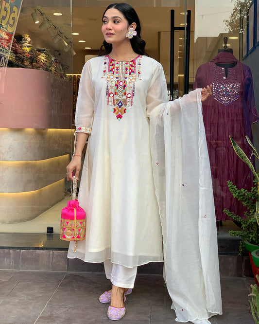 Maroon Silk Anarkali Set with Embroidered Yoke