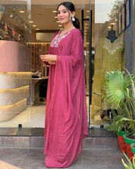 Wine Pink Embroidered Kurta Set with Dupatta