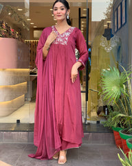 Wine Pink Embroidered Kurta Set with Dupatta