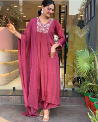 Wine Pink Embroidered Kurta Set with Dupatta