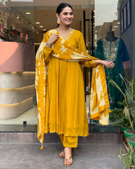 Mustard Silk Kurta Set with Striped Dupatta