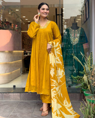 Mustard Silk Kurta Set with Striped Dupatta
