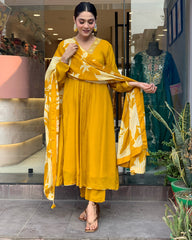 Mustard Silk Kurta Set with Striped Dupatta