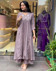 Wine Pink Embroidered Kurta Set with Dupatta
