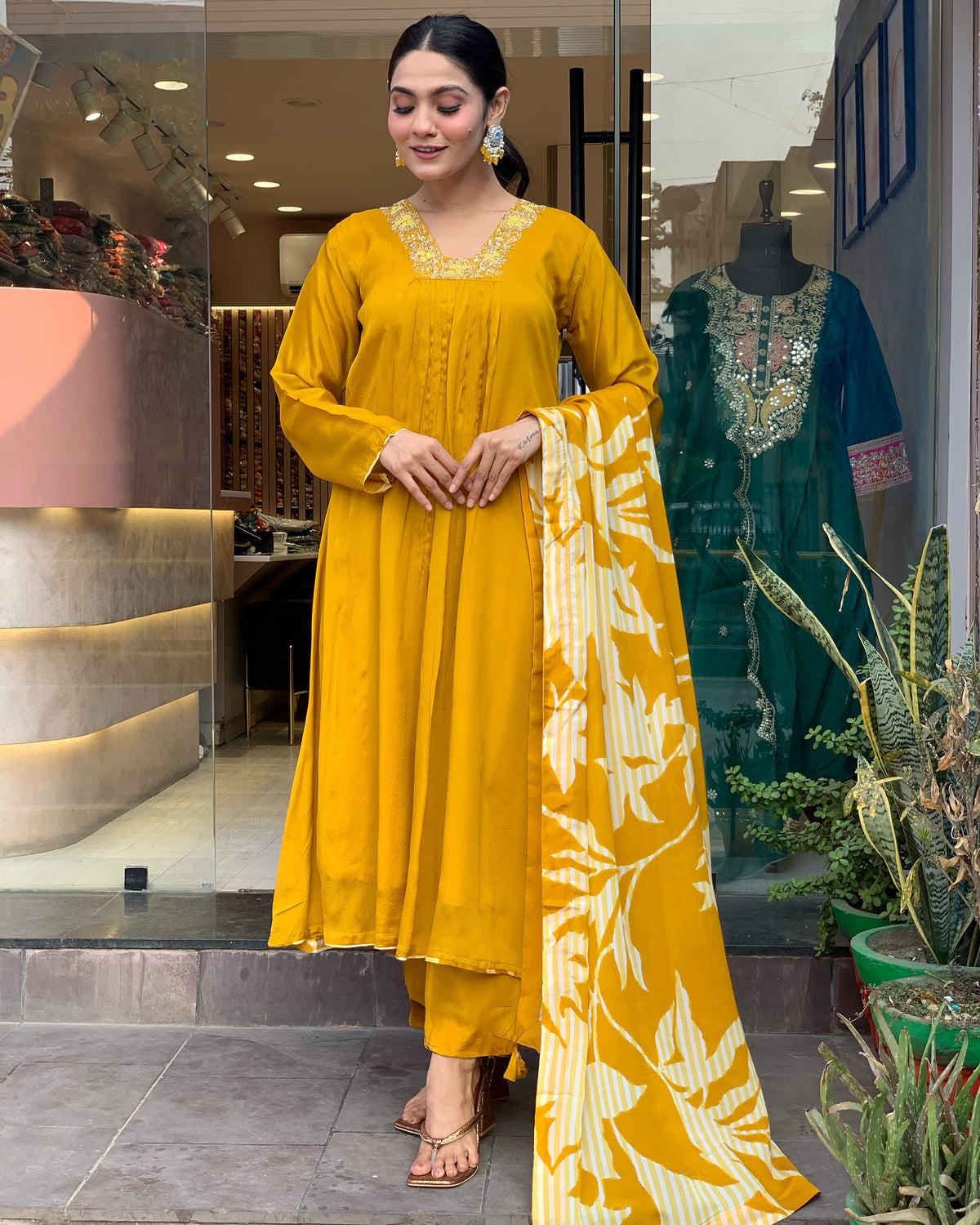 Mustard Silk Kurta Set with Striped Dupatta