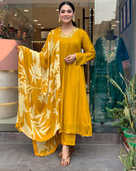 Mustard Silk Kurta Set with Striped Dupatta