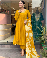 Mustard Silk Kurta Set with Striped Dupatta