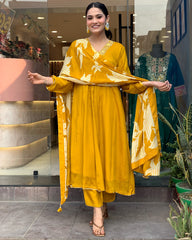 Mustard Silk Kurta Set with Striped Dupatta