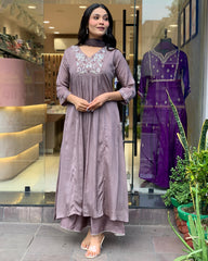 Wine Pink Embroidered Kurta Set with Dupatta