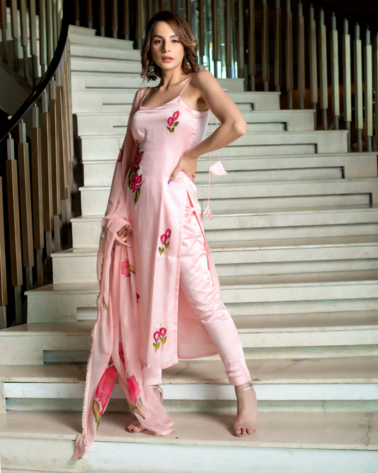 Title – Baby Pink Satin Kurta Set with Floral Dupatta