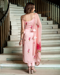 Title – Baby Pink Satin Kurta Set with Floral Dupatta