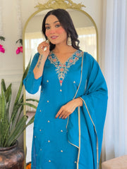 Teal Blue Embroidered Kurta Set