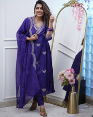 Olive Green Anarkali Kurta Set with White Floral Embroidery