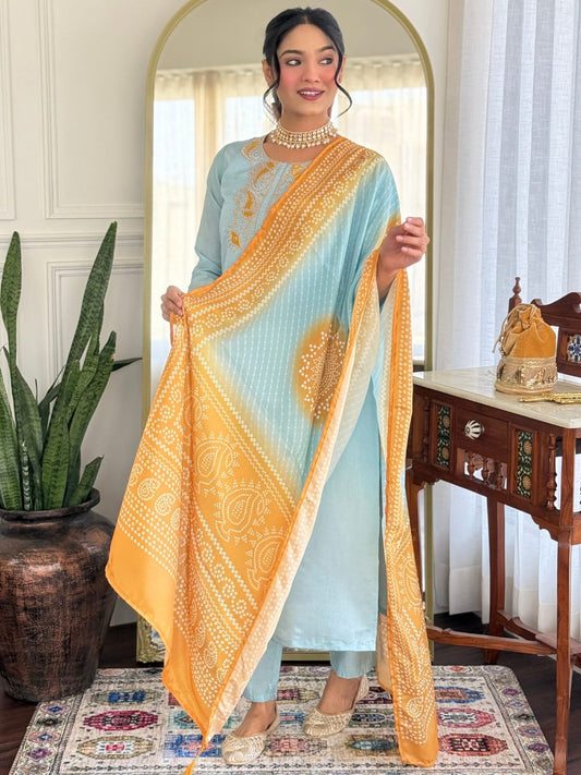 Sky Blue Chanderi Kurta Set with Mustard Bandhani Dupatta