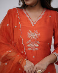 Title – Orange Kurta Set with Organza Dupatta